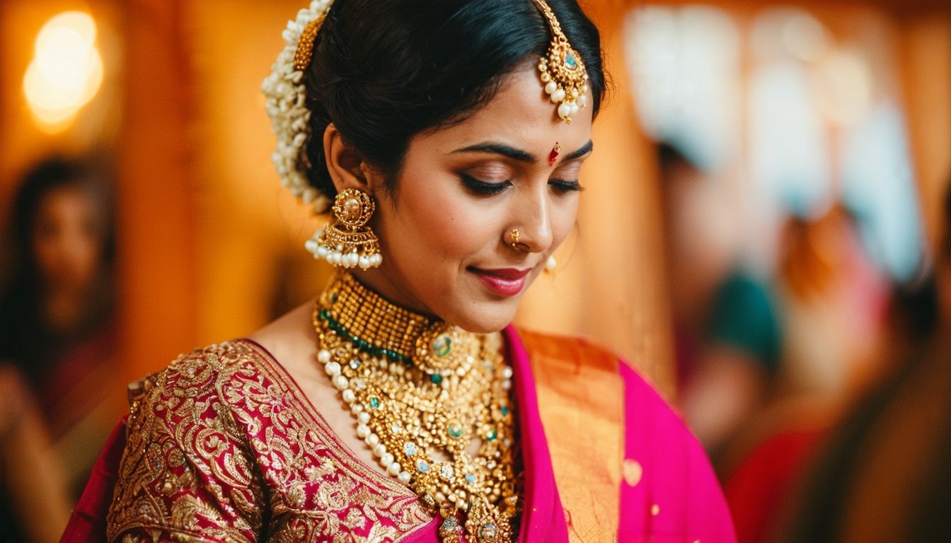A woman in her 30s wearing stunning traditional temple jewellery. A woman in her 30s wearing stunning traditional temple jewellery.