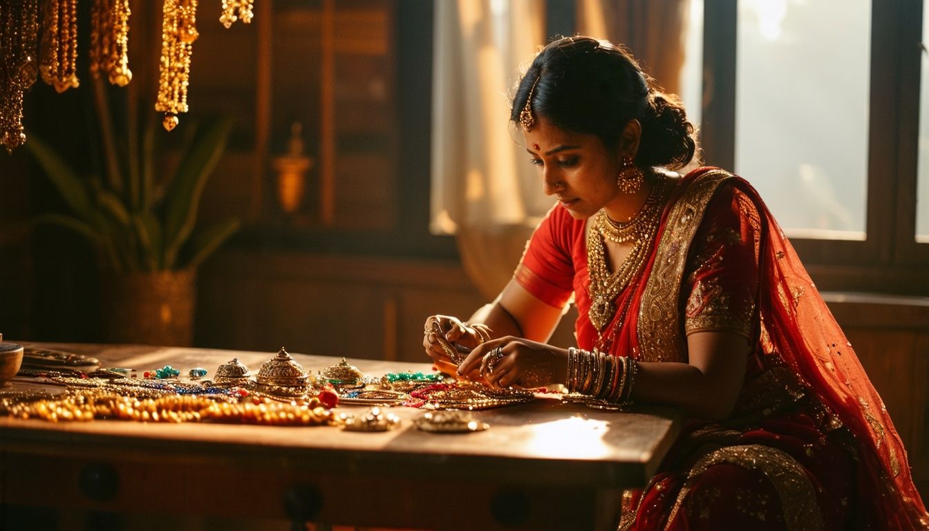 A woman in her 30s cleaning intricate temple jewellery at a table. A woman in her 30s cleaning intricate temple jewellery at a table.