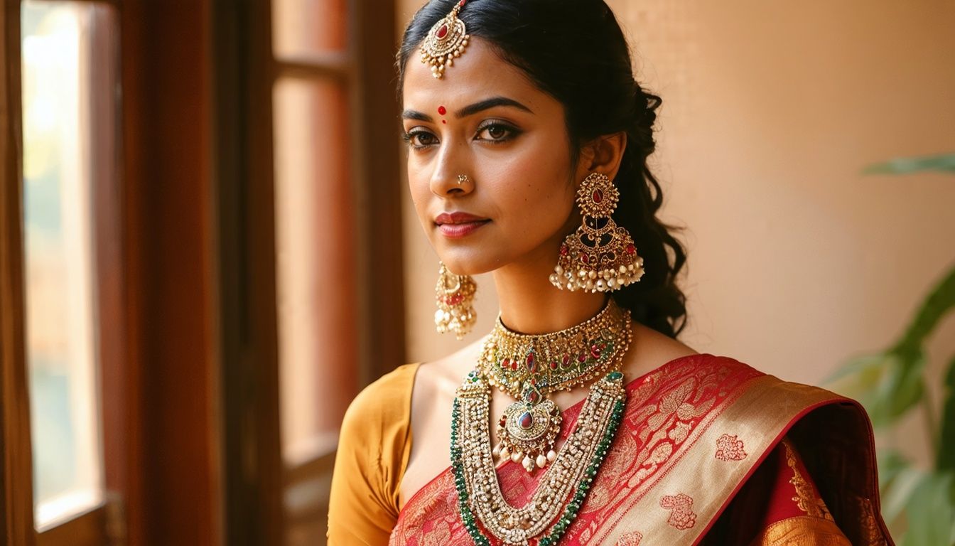 A woman in her 30s wears modern temple jewellery in a vibrant setting. A woman in her 30s wears modern temple jewellery in a vibrant setting.