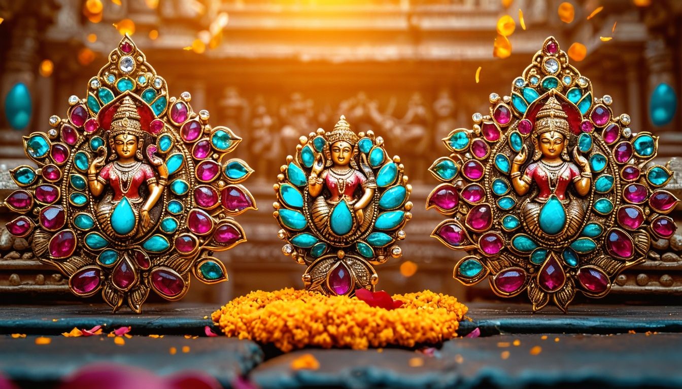 Close-up photo of intricate temple jewellery featuring Goddess Lakshmi. Close-up photo of intricate temple jewellery featuring Goddess Lakshmi.