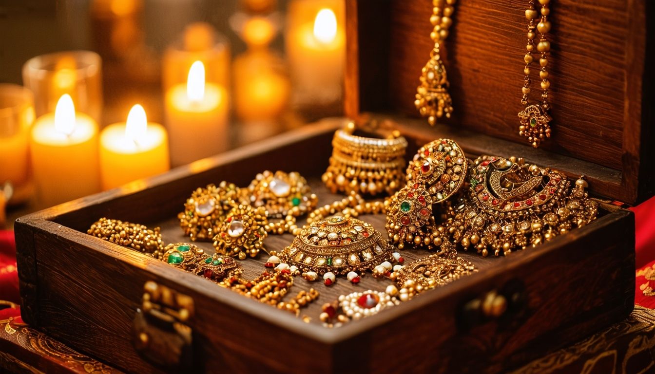 A rustic wooden jewellery box filled with exquisite temple jewellery pieces. A rustic wooden jewellery box filled with exquisite temple jewellery pieces.