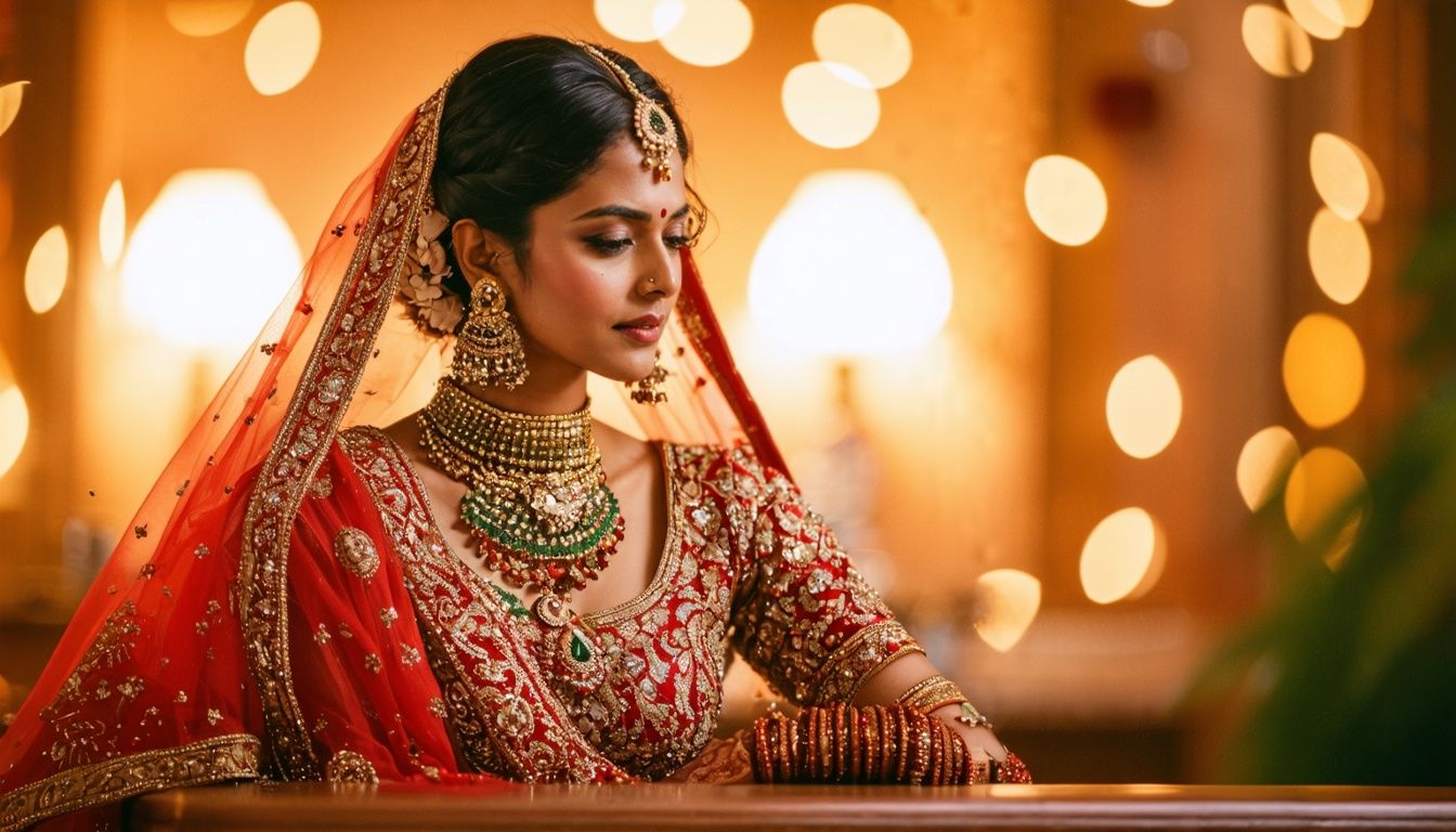 A traditional Indian bridal outfit with intricate temple jewellery. A traditional Indian bridal outfit with intricate temple jewellery.