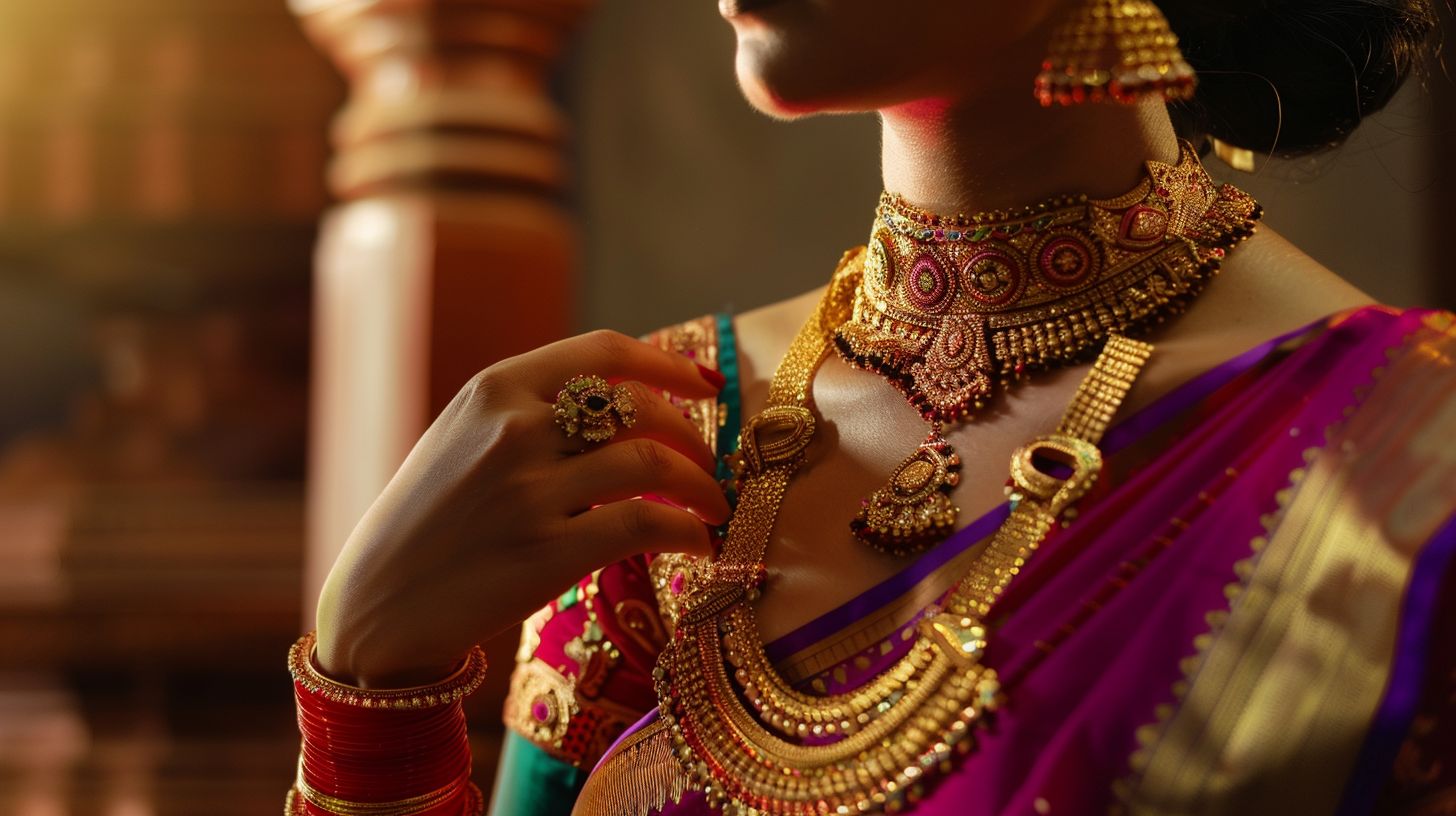 A woman in her mid-30s admires intricate antique temple jewellery designs. A woman in her mid-30s admires intricate antique temple jewellery designs.