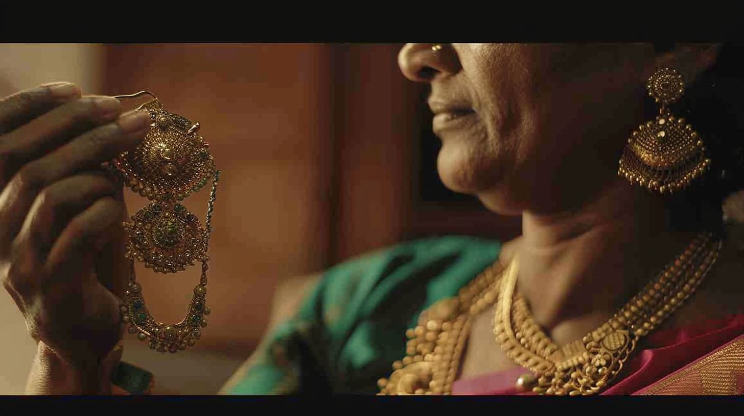 A woman in her mid-30s admires intricate antique temple jewellery designs. A woman in her mid-30s admires intricate antique temple jewellery designs.