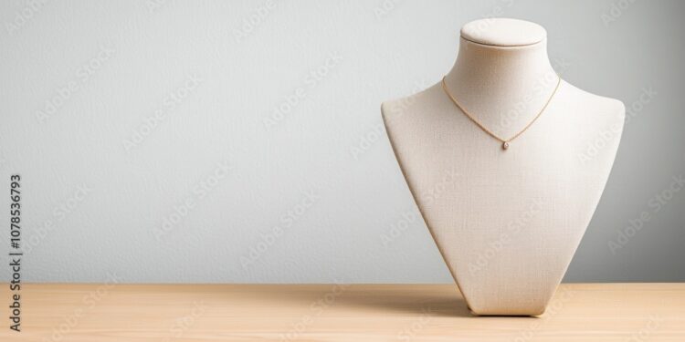 Elegant necklace displayed on a stylish jewelry bust against a neutral backdrop.